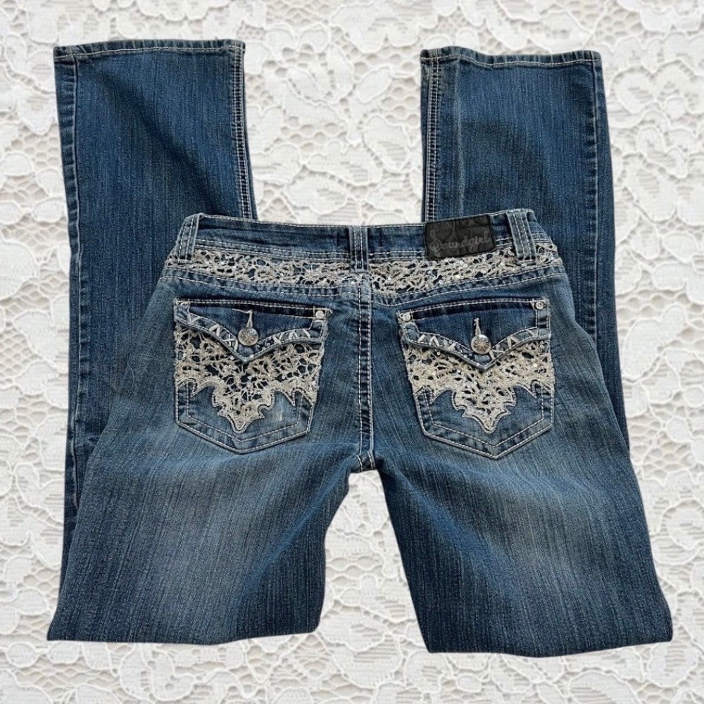 vintage cyber y2k embellished lace pocket contrast stitch low rise bootcut jeans